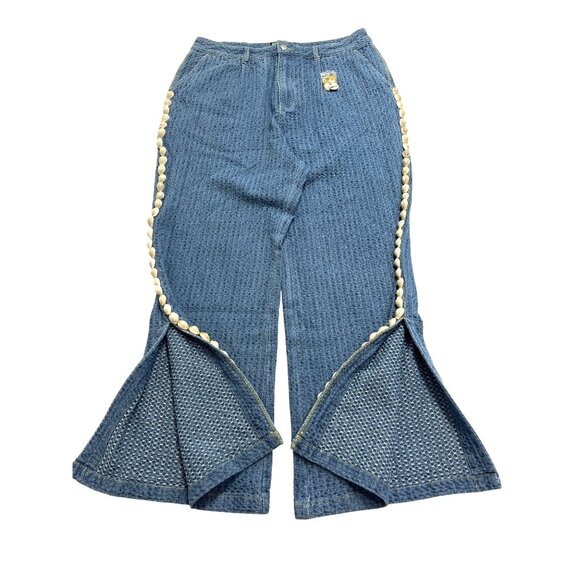 HIP-WARE Woven Textured Cowrie Trim Wide Leg Pants in Indigo - Picture 1 of 6